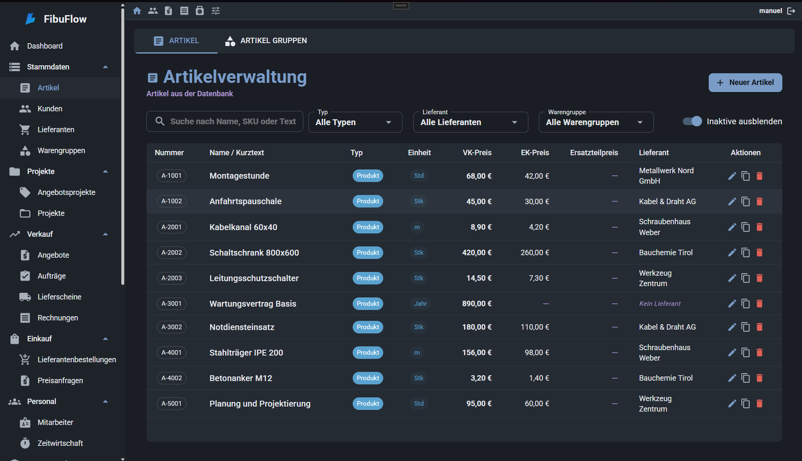 Artikelverwaltung in FibuFlow mit Suche und Filtern