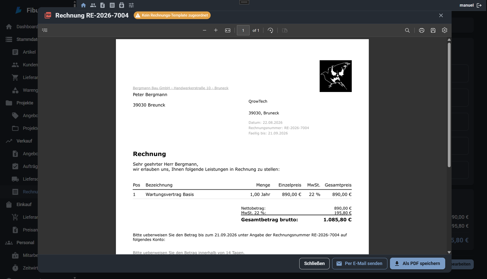 Fertige Rechnung als PDF mit Briefkopf und Positionen